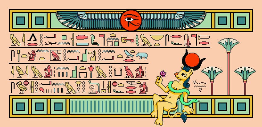 anthro convenient_censorship egyptian feathers female hieroglyphics horn nude papyrus_(material) pube_peek pubes solo text wings phano qadesh felid lion mammal pantherine reptile scalie snake digital_media_(artwork) hi_res pixel_(artwork) translated