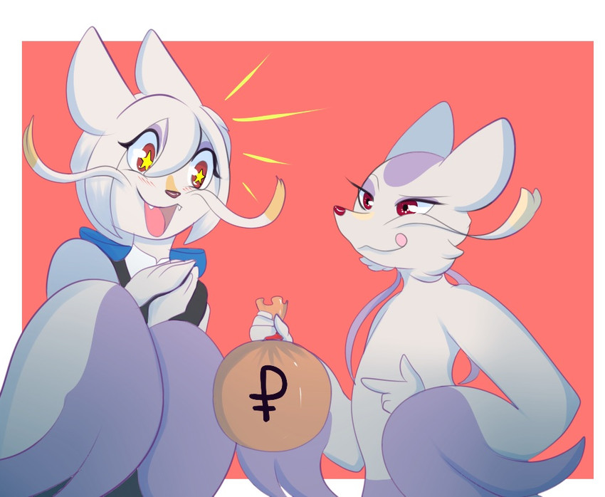 anthro clothed clothing duo female licking licking_lips male male/female money money_bag overjoyed tipping tongue tongue_out kitsunekotaro nintendo pokemon fan_character shoa_mien generation_5_pokemon mienshao pokemon_(species)