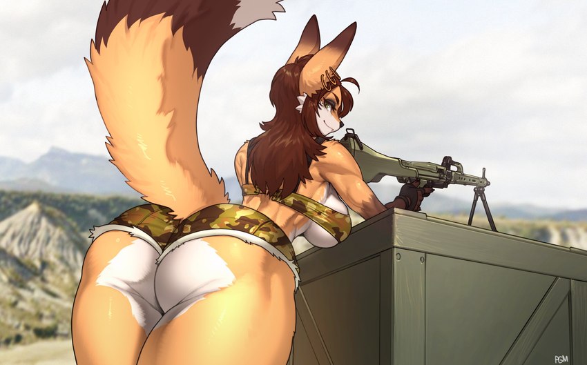 anthro arm_tuft big_breasts bottomwear breasts brown_hair butt camo camo_print cetme_ameli clothing crate cutoffs denim denim_bottomwear denim_clothing dipstick_ears dipstick_tail ear_markings ear_piercing ear_ring eyebrows eyelashes female fingerless_gloves fur glistening gloves gloves_(marking) gun hair handwear light_machine_gun machine_gun markings multicolored_ears orange_body orange_fur outside piercing ranged_weapon ring_piercing shorts shoulder_tuft side_boob solo tail tail_markings topwear tuft weapon white_body white_fur pgm300 canid canine fox mammal 2024 hi_res