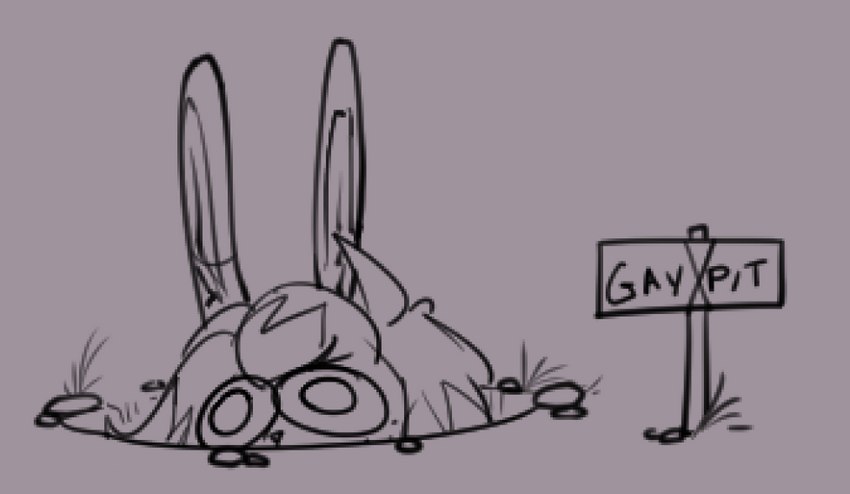 anthro big_pupils fluffy fluffy_hair grass hair hiding hiding_face hole_(pit) looking_at_viewer male o_o plant pupils rabbit_ears rock sign solo text grayteshrimp spip_(gneffbutter) lagomorph leporid mammal rabbit english_text line_art monochrome sketch