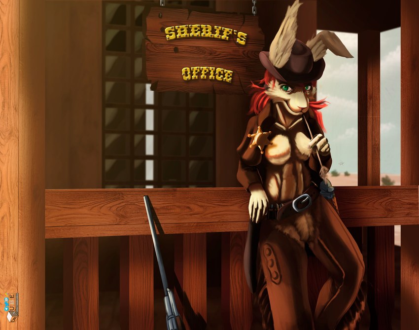 anthro brown_body brown_fur cabin clothing cowboy_hat cowboy_outfit desert female floppy_ears fur green_eyes gun hair handgun hat headgear headwear looking_at_viewer ponytail ranged_weapon reclining red_hair revolver revolving_rifle rifle sheriff sheriff_badge solo text weapon drqube lagomorph leporid mammal rabbit absurd_res hi_res