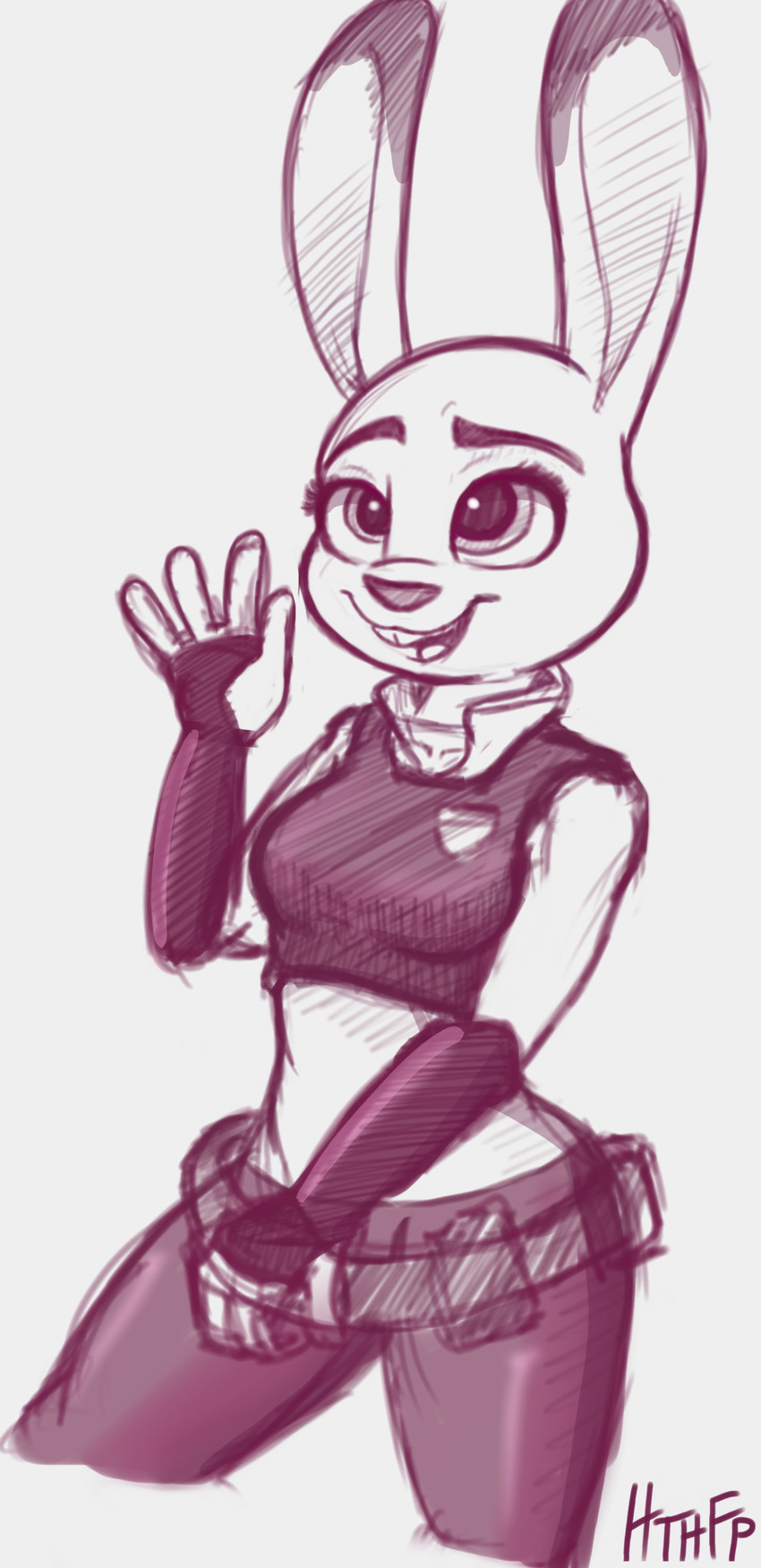 4_fingers anthro badge belt bottomwear buckteeth clothing female fingerless_gloves fingers gesture gloves handwear open_mouth pants police police_uniform simple_background smile solo teeth uniform waving white_background hthfp disney zootopia judy_hopps lagomorph leporid mammal rabbit absurd_res hi_res monochrome signature sketch