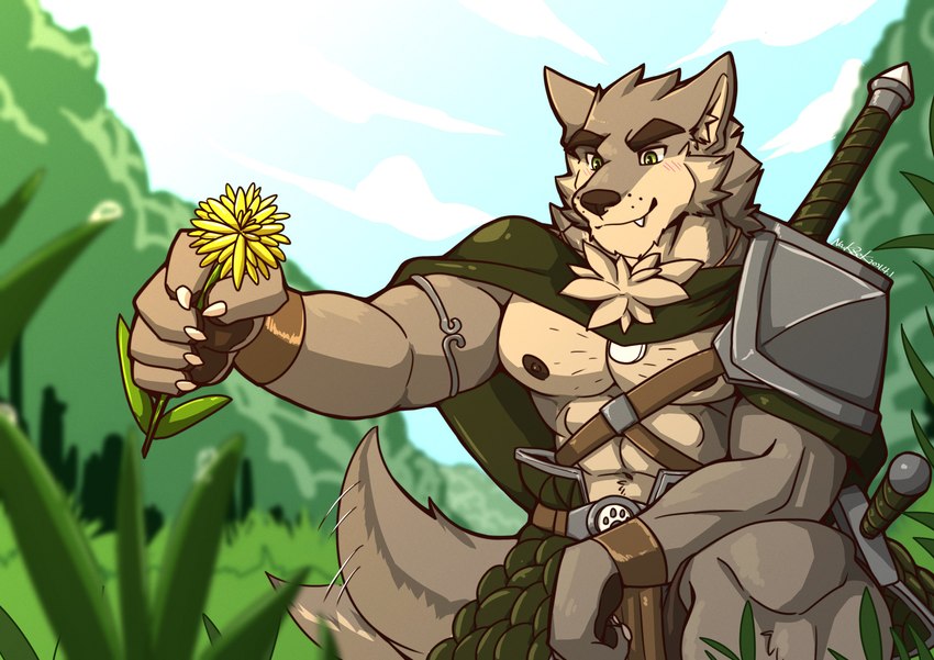 abs anthro armband blurred_background blush body_hair brown_body brown_fur cape cheek_tuft chest_tuft claws clothed clothing dandelion facial_tuft fangs flower forest forest_background fur green_eyes happy_trail holding_flower holding_object jewelry male melee_weapon multicolored_body multicolored_fur muscular muscular_anthro muscular_male nature nature_background neck_tuft nipples pendant plant pubes shoulder_guards smile solo sword tail tail_motion tailwag teeth toothy_smile tree tuft two_tone_body two_tone_fur weapon nackzek far_beyond_the_world_(series) ranok_(far_beyond_the_world) canid canine canis mammal wolf absurd_res hi_res