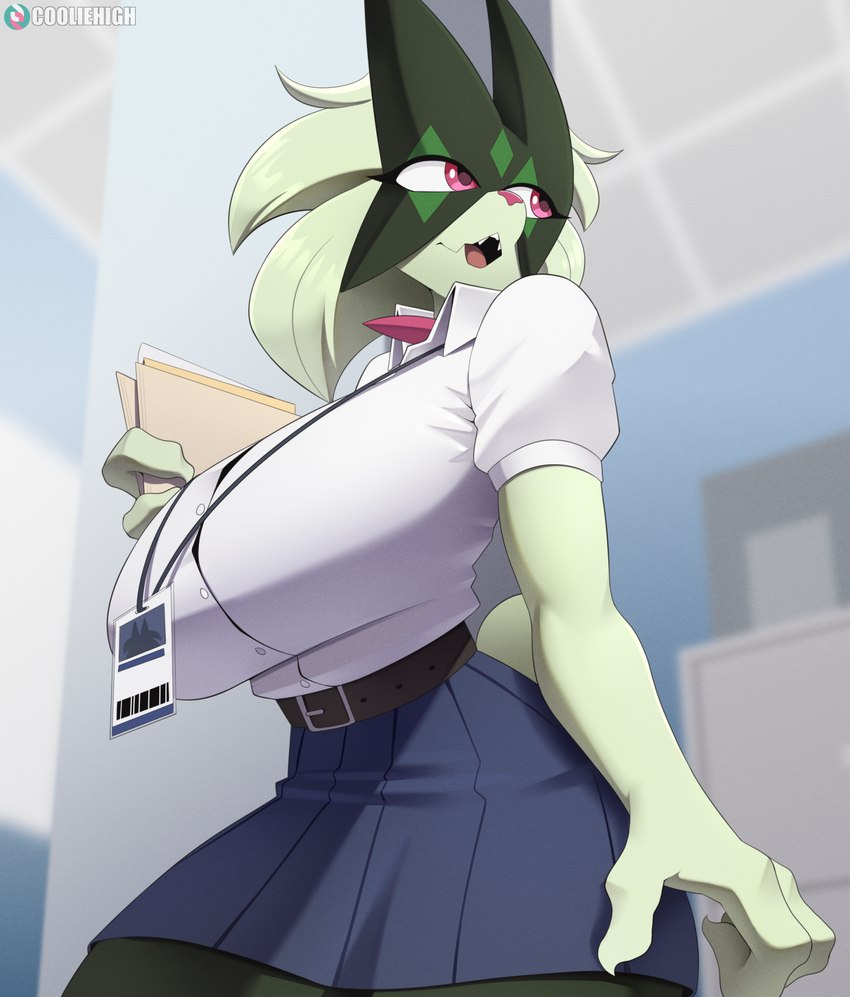 anthro belt big_breasts biped blue_bottomwear blue_clothing blue_skirt bottomwear breasts clothing collared_shirt detailed_background dress_shirt female folder fur green_body green_fur green_hair hair holding_folder holding_object huge_breasts id_card lanyard low-angle_view office open_mouth pink_eyes pink_nose puffy_sleeves shirt short_sleeves skirt solo topwear waist_belt white_clothing white_shirt white_topwear wide_hipped_female wide_hips cooliehigh nintendo pokemon generation_9_pokemon meowscarada pokemon_(species) 2024 hi_res