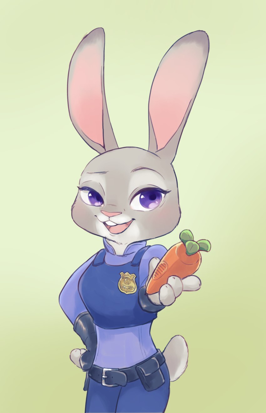 anthro belt buckteeth carrot_pen clothed clothing female fully_clothed fur grey_body grey_fur holding_object looking_at_viewer open_mouth open_smile pink_nose police police_uniform purple_eyes smile solo teeth uniform chu_twst disney zootopia judy_hopps lagomorph leporid mammal rabbit 2020 hi_res portrait three-quarter_portrait