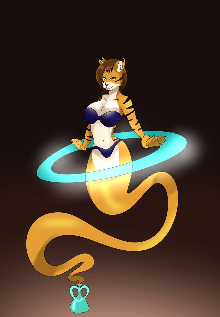 anthro black_background black_ear_tips black_stripes bra bracelet breasts brown_hair cleavage clothed clothing countershading dipstick_ears ear_markings female floating ghost_tail gold_(metal) gold_jewelry hair heart_symbol inner_ear_fluff jewelry looking_at_viewer magic magic_user multicolored_ears orange_body panties purple_bra purple_clothing purple_panties purple_underwear ring simple_background solo stripes tan_body tan_countershading tan_inner_ear_fluff tongue tongue_out tuft underwear vase sakurahiroshi tori_taxel felid genie mammal pantherine tiger 2024 hi_res