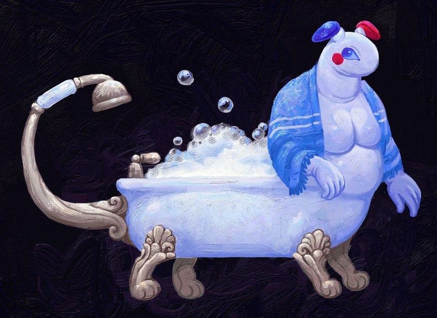 4_legs 6_limbs bathtub belly blue_eyes blue_towel bubble male multi_limb multicolored_ears ornate shower_head simple_background soap_bubbles solo suds towel white_body crazysodomite animate_inanimate taur cool_colors hi_res