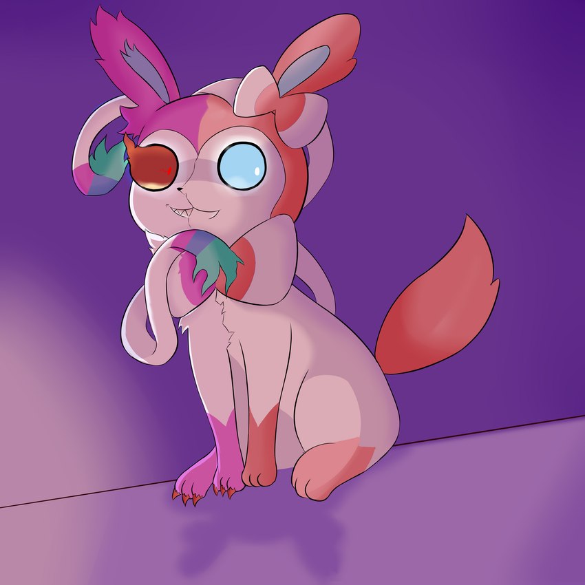 ambiguous_gender anthro blue_inner_ear feral fur hair looking_at_another multicolored_eyes pink_ears pink_hair red_eyes smile smiling_at_viewer solo two_tone_eyes white_eyes nameigo nintendo pokemon eeveelution generation_6_pokemon pokemon_(species) sylveon 1:1 absurd_res hi_res