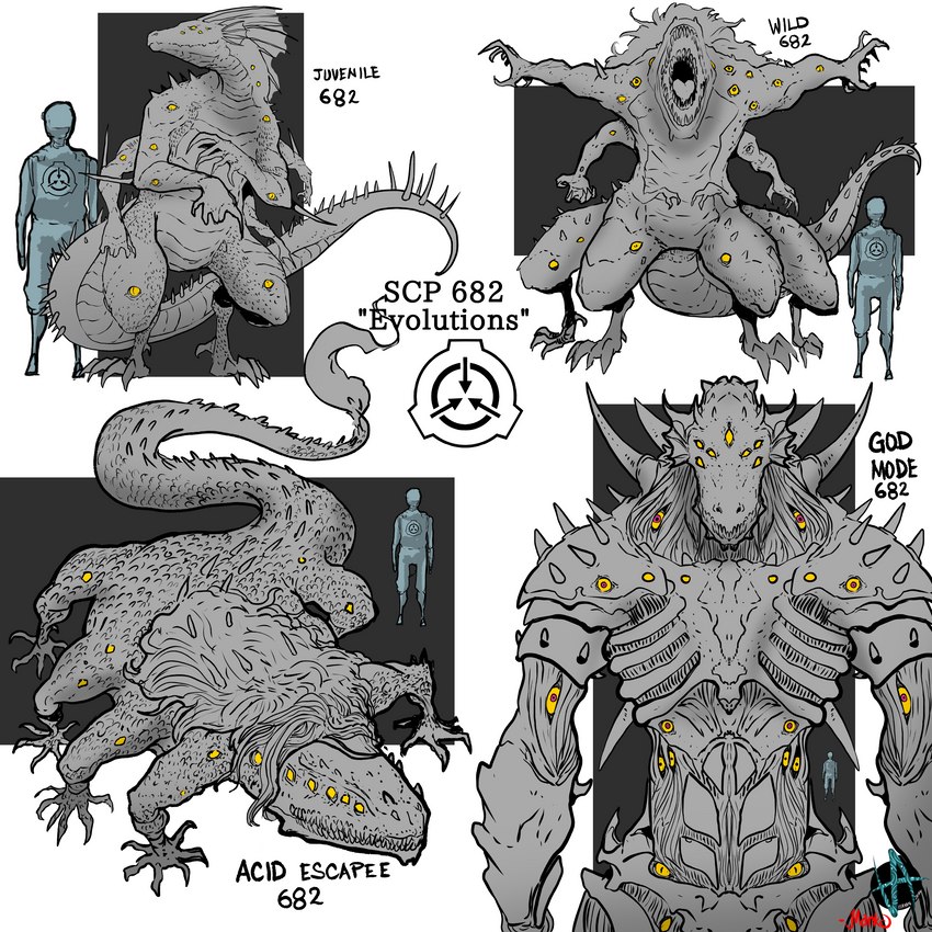 4_arms 4_legs 5_claws 5_toes 6_claws 6_fingers 6_toes 7_eyes 8_legs abs alternate_form ambiguous_gender anthro arm_spikes back_ridge belly_scales biped black_text bone cheek_fins claws deltoids duo eyes_on_arms eyes_on_legs feet feral fin fingers front_view god_mode hair head_fin horn larger_ambiguous larger_anthro larger_feral logo long_tail mane multi_arm multi_eye multi_limb muscular neck_spikes open_mouth pupils quadruped ribs roaring scales sharp_teeth shoulder_spikes simple_background size_difference skull skull_head smaller_ambiguous smaller_human spiked_tail spikes spikes_(anatomy) standing tail tail_tuft teeth text thagomizer thick_tail toes tuft white_background yellow_sclera markoriginals scp_foundation scp-682 human mammal monster reptile scalie 1:1 2022 absurd_res artist_logo artist_name detailed digital_media_(artwork) digital_painting_(artwork) english_text greyscale hi_res monochrome partially_colored shaded signature