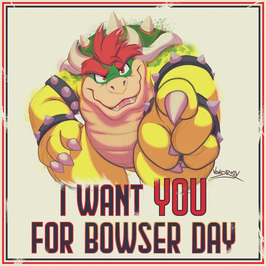 anthro bracelet claws hair horn jewelry looking_at_viewer male open_mouth red_eyes red_hair solo spiked_bracelet spikes spikes_(anatomy) text vanscraps bowser_day i_want_you mario_bros nintendo bowser koopa scalie 1:1 absurd_res english_text hi_res reaction_image signature