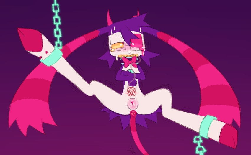 anus bdsm bound chain chained female front_view fur genitals purple_body purple_fur pussy semi-anthro solo conditional_dnp labbit_(artist) hazbin_hotel fan_character l33t_(labbit) demon imp labbit