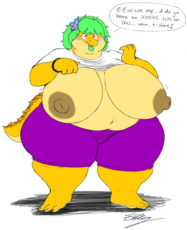 anthro areola big_breasts breasts female green_hair hair huge_breasts nipples non-mammal_breasts non-mammal_nipples obese obese_anthro obese_female orange_body orange_scales overweight overweight_anthro overweight_female scales solo tail thick_thighs wide_hips eth_(artist) petunia_flora_(eth) crocodile crocodilian reptile scalie hi_res