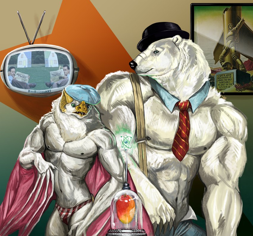 anthro atom bulge clothed clothing duo electronics fangs futuristic hat headgear headwear male mango membrane_(anatomy) membranous_wings navel necktie nipples pecs picture_frame scar teeth television topless wings birdrandomart bat bear human mammal absurd_res hi_res