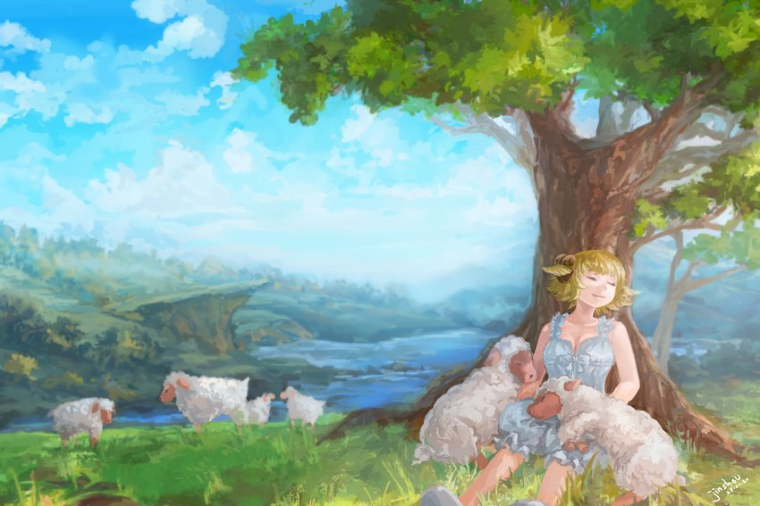 blonde_hair blue_clothing blue_dress cliff clothing cloud creek dress eyes_closed female feral field footwear grass hair head_on_lap horn lake leaning_on_tree on_lap outside plant shoes sleeping solo tree tsunoh kadalyn_(kadalyn) animal_humanoid bovid bovid_humanoid caprine caprine_humanoid humanoid mammal mammal_humanoid sheep sheep_humanoid 3:2 hi_res