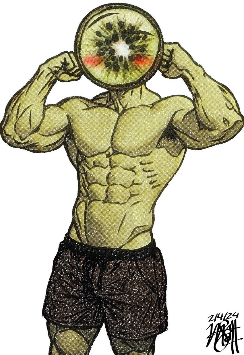 blush bottomwear clothed clothing eyebrows flexing food front_view fruit green_body kiwifruit male muscular muscular_male plant pose raised_eyebrow shorts simple_background solo standing topless topless_male white_background mattgonedark elemental_creature flora_fauna food_creature humanoid living_fruit 2024 digital_drawing_(artwork) digital_media_(artwork) hi_res signature