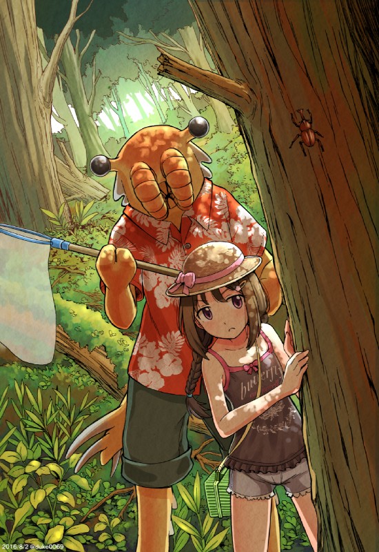 3_fingers 5_fingers accessory age_difference aloha_shirt anthro bag black_eyes bottomwear braided_hair brown_hair butterfly_net clothed clothing duo female fingers forest hair hair_accessory hairclip hat headgear headwear holding_net light_body light_skin male net orange_body orange_skin outside pattern_clothing pattern_shirt pattern_topwear pink_eyes plant shirt shorts standing tank_top text topwear tree duke_(kimurasun) anomalocarid anomalocaris arthropod beetle human insect mammal marine prehistoric_species rhinoceros_beetle scarabaeid 2016 english_text hi_res