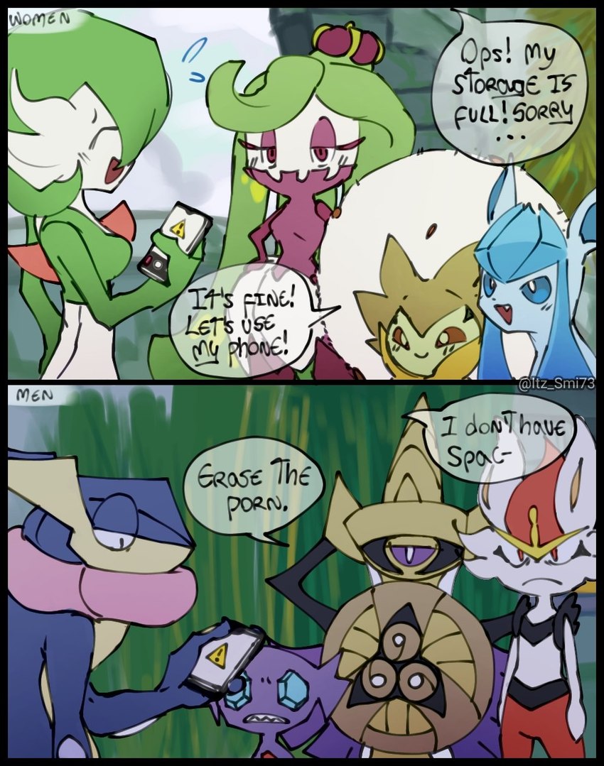 anthro blue_body blue_eyes dialogue electronics female fur grass group male outside phone plant purple_body red_eyes tail text white_body white_fur itz_smi73 nintendo pokemon aegislash cinderace eeveelution eldegoss gardevoir generation_3_pokemon generation_4_pokemon generation_6_pokemon generation_7_pokemon generation_8_pokemon glaceon greninja pokemon_(species) sableye scalie tsareena english_text hi_res