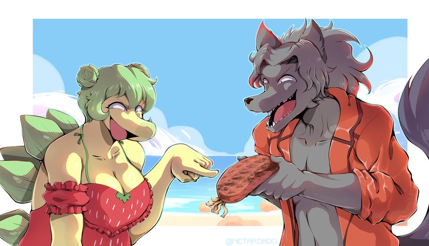 5_fingers anthro back_spikes beach blue_sky breasts cleavage clothed clothing detailed_background duo eyelashes female fingers fluffy fluffy_tail fur gesture green_hair green_spikes grey_body grey_fur grey_hair hair hair_bun hand_gesture jacket laugh long_tail male multicolored_hair one-piece_swimsuit open_mouth open_smile outside pointing red_hair scales sea seaside sharp_teeth short_hair sky smile snout spikes spikes_(anatomy) swimwear tail teeth topwear two_tone_hair water yellow_body yellow_scales netardado goodbye_volcano_high fan_character stella_(gvh) canid canine canis dinosaur echinoderm echinozoan mammal marine ornithischian prehistoric_species reptile scalie sea_cucumber stegosaurian stegosaurus thyreophoran wolf 2024 absurd_res artist_name digital_drawing_(artwork) digital_media_(artwork) hi_res watermark