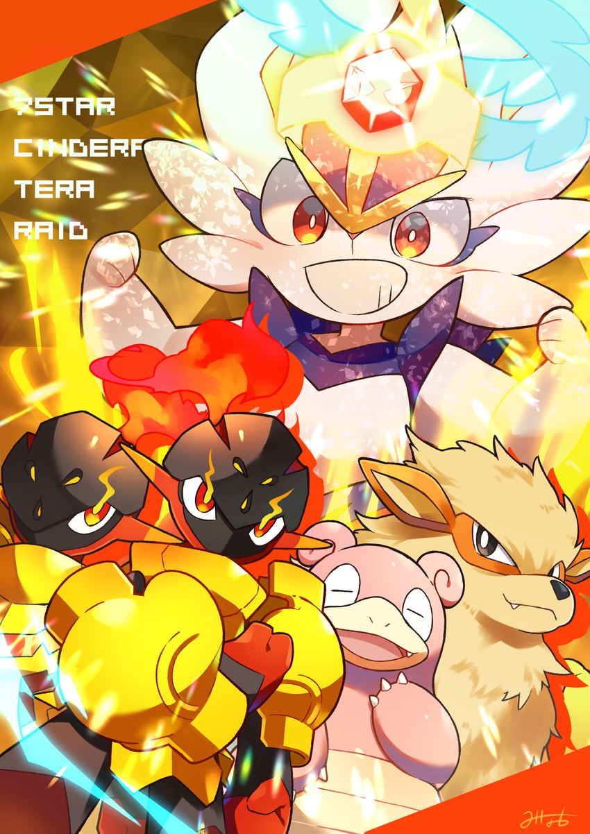 3_fingers abstract_background ambiguous_gender armor claws fangs feral finger_claws fingers fire flaming_hair fur grin long_ears looking_down looking_up open_mouth orange_body orange_fur pink_body pseudo_hair red_body red_eyes red_fur smile teeth text white_body white_fur minamo_(pixiv17726065) nintendo pokemon arcanine armarouge cinderace generation_1_pokemon generation_8_pokemon generation_9_pokemon humanoid lagomorph leporid mammal pokemon_(species) slowbro terastallization 2023 absurd_res english_text hi_res signature