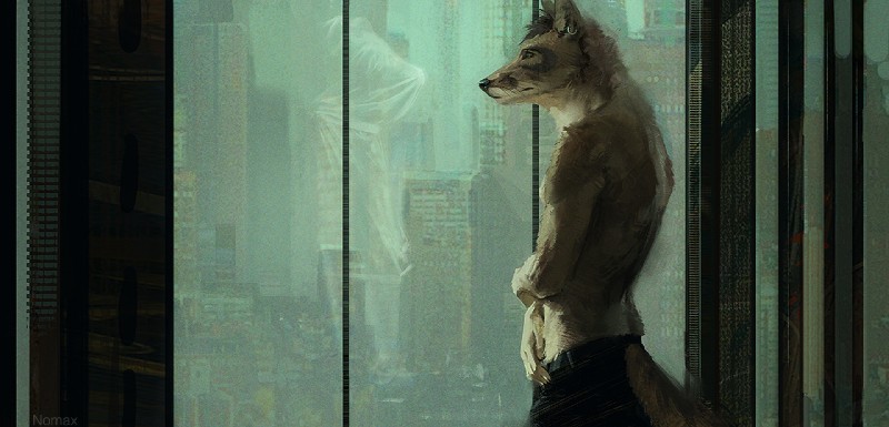 5_fingers anthro black_nose brown_body brown_fur brown_hair city clothed clothing detailed_background ear_piercing fingers fur hair male piercing solo standing topless window nomax canid canine canis coyote mammal 2019