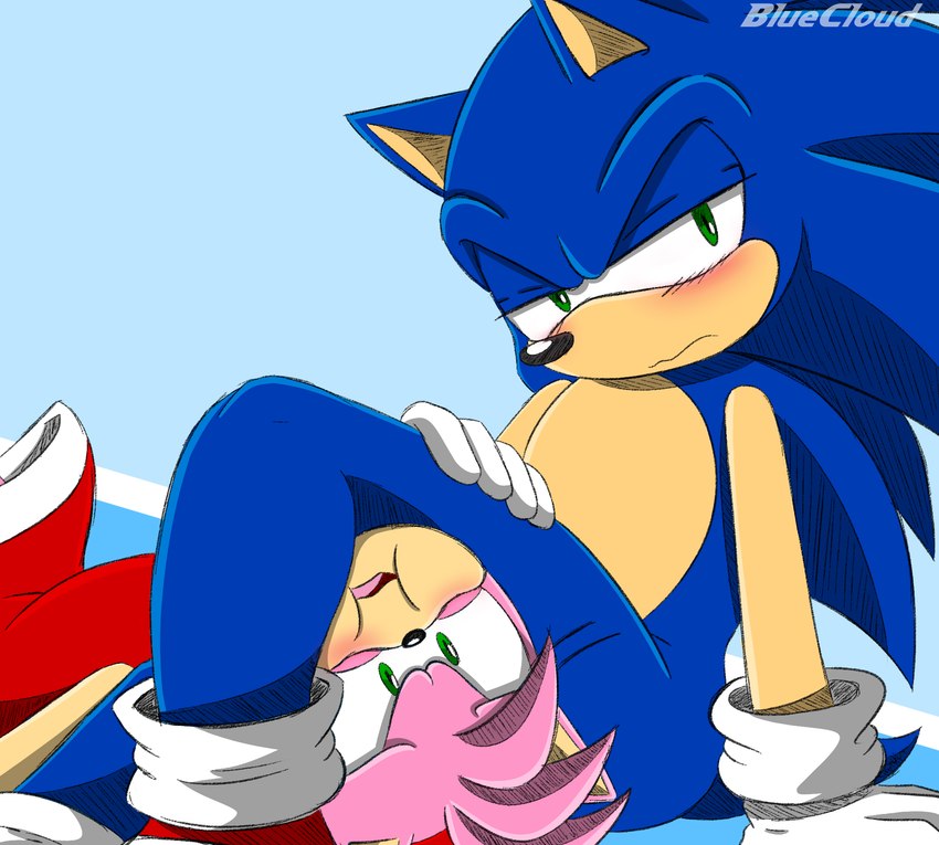 anthro blue_background blue_body blue_fur blue_skin blush clothing dress duo embarrassed female floor fur male male/female nervous-girl pink_body pink_fur red_clothing scared scissor_hold simple_background size_difference thick_thighs bluecloud sega sonic_the_hedgehog_(series) amy_rose sonic_the_hedgehog eulipotyphlan hedgehog mammal hi_res