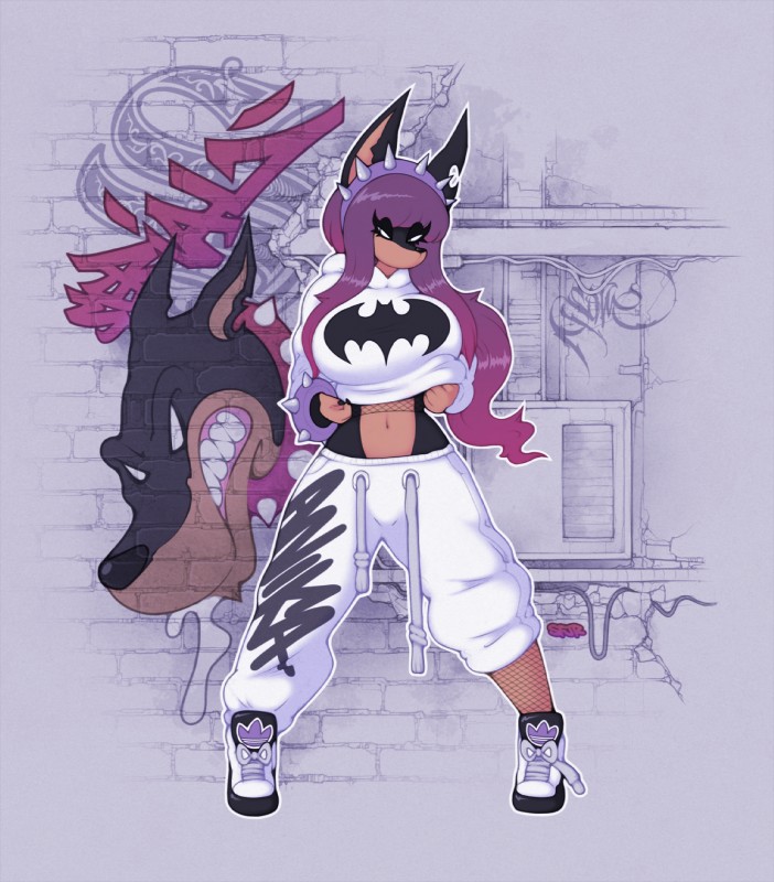 accessory anthro big_breasts black_nose bottomwear bracelet breasts clothed clothing detailed_background female fishnet_clothing footwear fully_clothed graffiti hair hair_accessory hairband hoodie huge_breasts jewelry long_hair midriff navel oversized_clothing pants purple_hair shoes small_waist sneakers solo spiked_bracelet spikes standing streetwear text text_on_bottomwear text_on_clothing text_on_pants topwear wide_stance y2k_(graphic_design) smokyjai adidas canid canine canis domestic_dog mammal 2018 hi_res