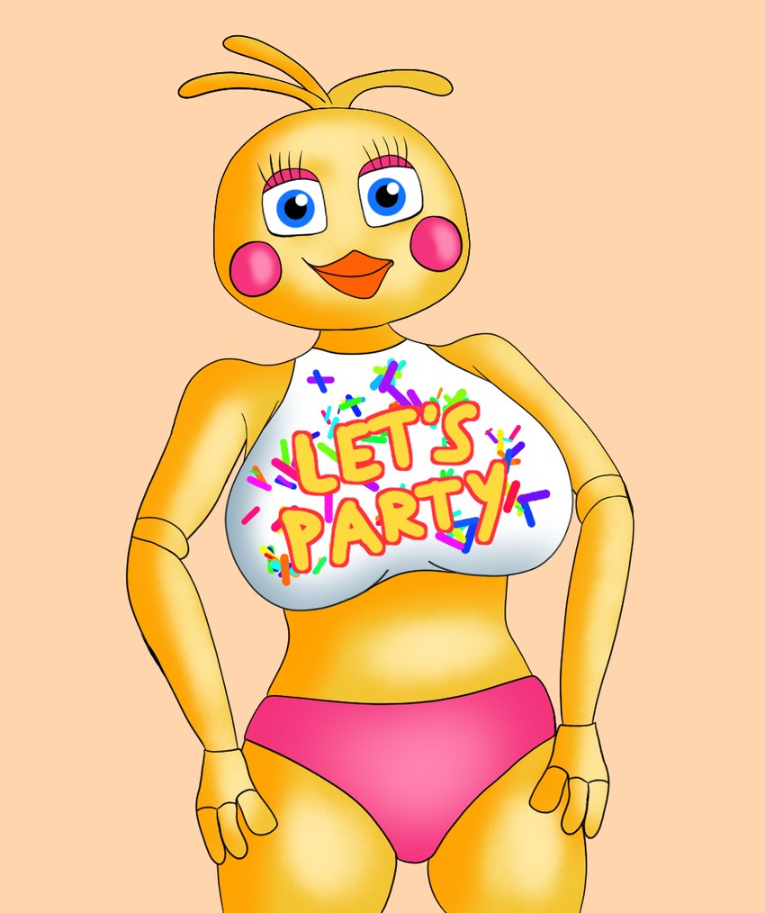 anthro bib big_breasts blue_eyes breasts clothing female hands_on_hips pink_clothing pink_underwear smile solo underwear wide_hips yellow_body charl33 five_nights_at_freddy's five_nights_at_freddy's_2 scottgames chica_(fnaf) avian bird chicken galliform gallus_(genus) humanoid phasianid