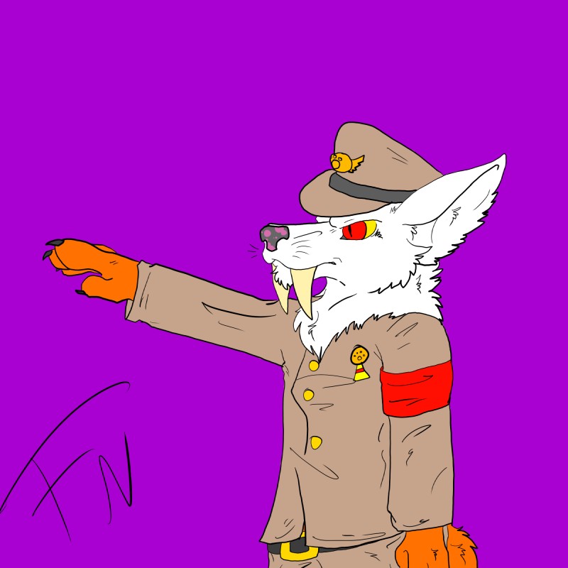 4_fingers anthro armband biped claws clothed clothing fangs fingers fully_clothed fur hat headgear headwear jacket male medal nazi nazi_salute orange_body orange_fur peaked_cap pupils purple_background red_eyes sabertooth_(anatomy) side_view simple_background slit_pupils solo standing teeth topwear uniform whiskers white_body white_fur yellow_sclera cookiekangaroo fench hybrid 1:1 half-length_portrait hi_res portrait