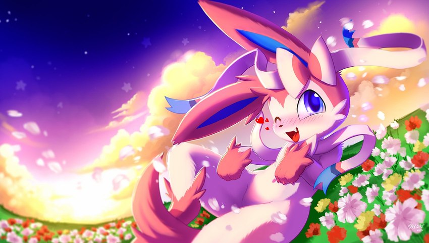 blue_eyes blue_inner_ear blush bow_(anatomy) cloud field flower fur grass hair_bow_(anatomy) heart_symbol looking_at_viewer neck_bow_(anatomy) one_eye_closed open_mouth pink_body pink_fur plant ribbons_(anatomy) sky solo star white_body white_fur lunesnowtail nintendo pokemon eeveelution generation_6_pokemon pokemon_(species) sylveon 2021 artist_name dated hi_res