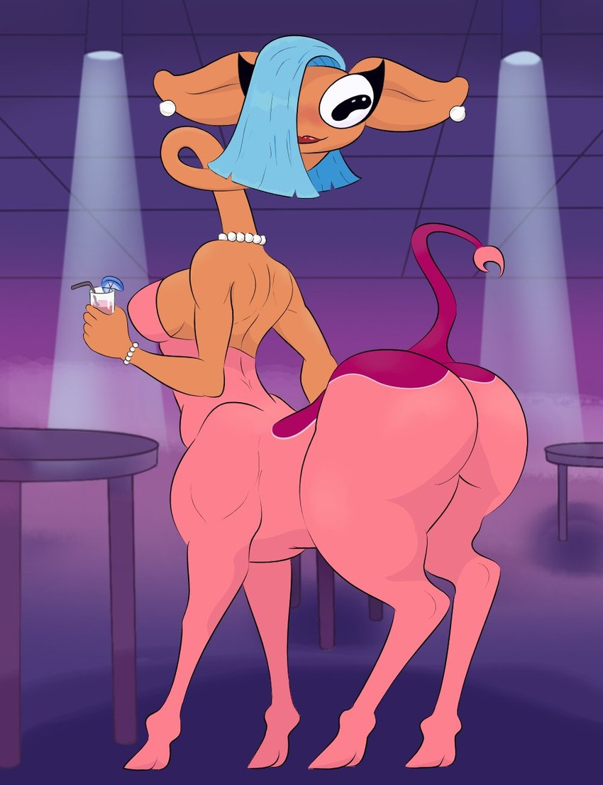 big_butt blue_hair breasts butt female fur gem hair hooves jewelry lipstick makeup pearl_(gem) pink_body pink_fur presenting presenting_hindquarters rear_view side_boob solo thick_thighs around_drum centaurworld netflix glendale_(centaurworld) antelope bovid gerenuk gerenuk_taur mammal taur true_antelope hi_res