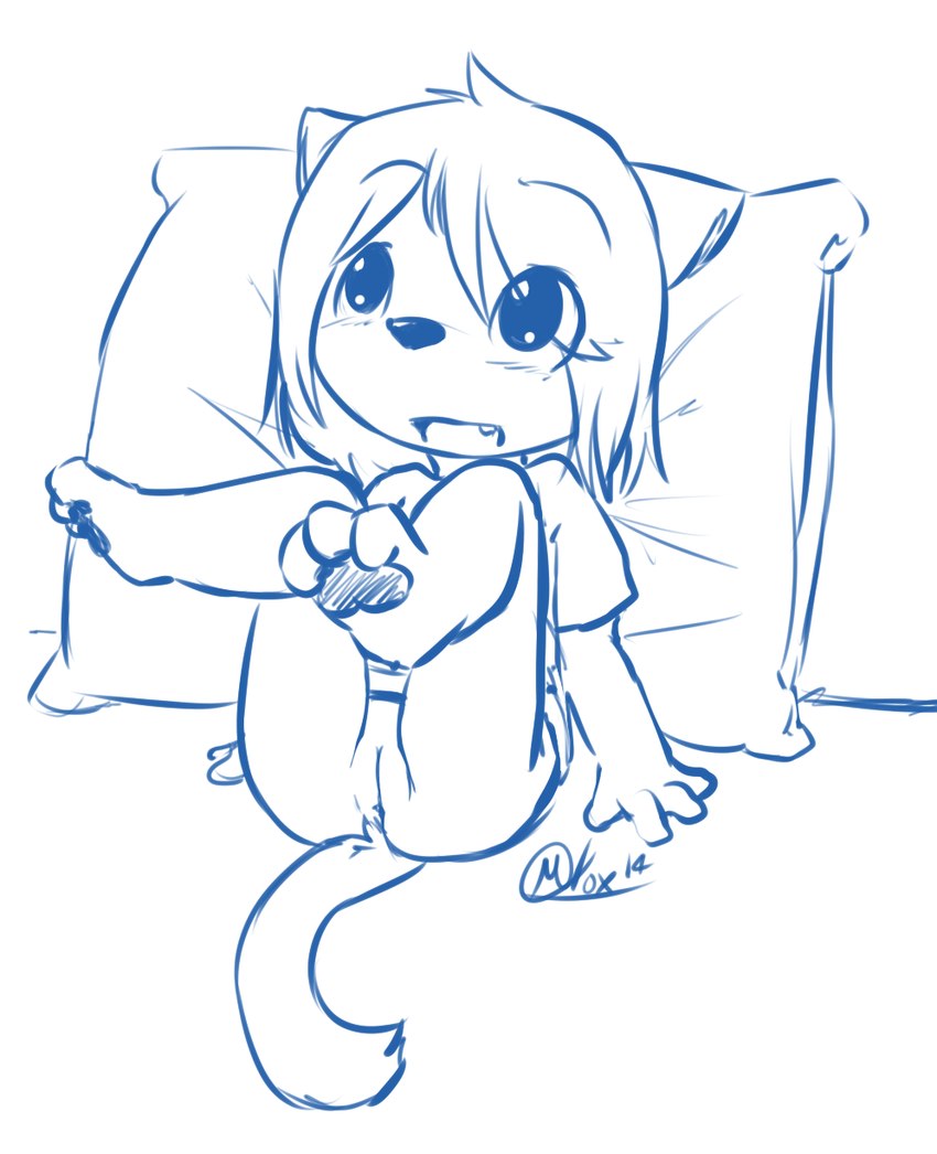 3_toes 4_fingers anthro arched_back arm_support backward_arm_support bent_legs black_nose blush blush_lines bottomless bottomless_anthro bottomless_female clothed clothing cute_fangs eye_through_hair fangs feet female female_anthro fingers genitals hair leaning leaning_backward open_mouth open_smile pawpads pillow pussy raised_leg reclining shirt shirt_only smile soles solo t-shirt t-shirt_only tail teeth text toes topwear topwear_only translucent translucent_hair young young_anthro young_female manafox domestic_cat felid feline felis mammal 2014 artist_name blue_and_white dated digital_drawing_(artwork) digital_media_(artwork) full-length_portrait hi_res monochrome portrait signature sketch