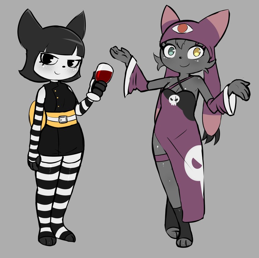 3_toes 4_fingers anthro belt blood blood_in_glass blush bodily_fluids breasts clothing dress duo facial_tuft feet female fingers green_eyes heterochromia magic_user skull_symbol skullcap smile toes tuft witch yellow_eyes e254e janna_(samichoptanuki999) vanny_(e254e) bat domestic_cat felid feline felis leaf-nosed_bat mammal microbat vampire vampire_bat yangochiropteran absurd_res hi_res