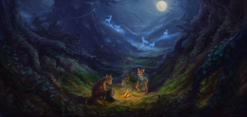 amazing_background anthro clothed clothing detailed_background fire grass group male moon night outside plant scenery_porn sky akineza redwall vitch_(redwall) ambient_deer mammal mouse murid murine rodent 2020 detailed digital_media_(artwork)