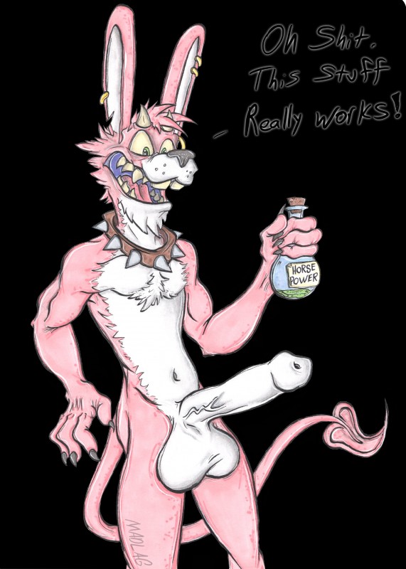 3_fingers anthro balls beverage biceps big_balls bottle buckteeth butt chest_tuft claws collar container fingers front_view fur genitals holding_object horn humanoid_genitalia humanoid_penis hyper jewelry long_ears long_tail male multicolored_body multicolored_fur nude open_mouth penis piercing pink_body pink_fur pose potion sharp_teeth skinny solo spade_tail spiked_collar spikes standing tail teeth text tuft two_tone_body two_tone_fur vein veiny_penis madlag demon lagomorph leporid mammal rabbit 2019 absurd_res alpha_channel english_text hi_res signature traditional_media_(artwork)