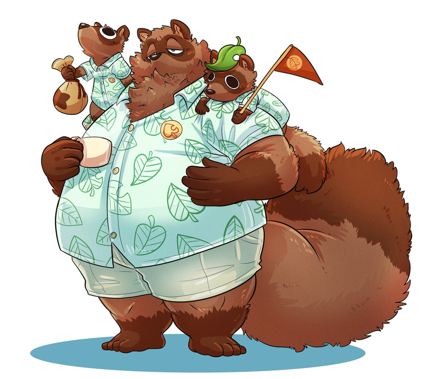 aloha_shirt anthro bells_(animal_crossing) bottomwear brown_body brown_fur clothing fur group identical_twins leaf male money_bag obese overweight overweight_male pattern_clothing pattern_shirt pattern_topwear shirt shorts simple_background topwear white_background fatglaz rotundfox animal_crossing nintendo timmy_nook tom_nook_(animal_crossing) tommy_nook canid canine mammal raccoon_dog tanuki 2020 hi_res brother_(lore) brothers_(lore) nephew_(lore) sibling_(lore) twins_(lore) uncle_(lore) uncle_and_nephew_(lore)