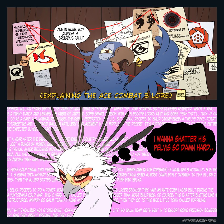 blush conspiracy_board dialogue duo female feral humor larger_female male male/female nerd size_difference smaller_male text thought_bubble wall_of_text theramtavern ace_combat blu_waifu blue_sky_studios rio_(series) blu_(rio) fan_character sagitta_the_secretary_bird_(blu_waifu) accipitriform avian bird macaw neotropical_parrot parrot secretary_bird spix's_macaw true_parrot 1:1 2024 comic english_text hi_res