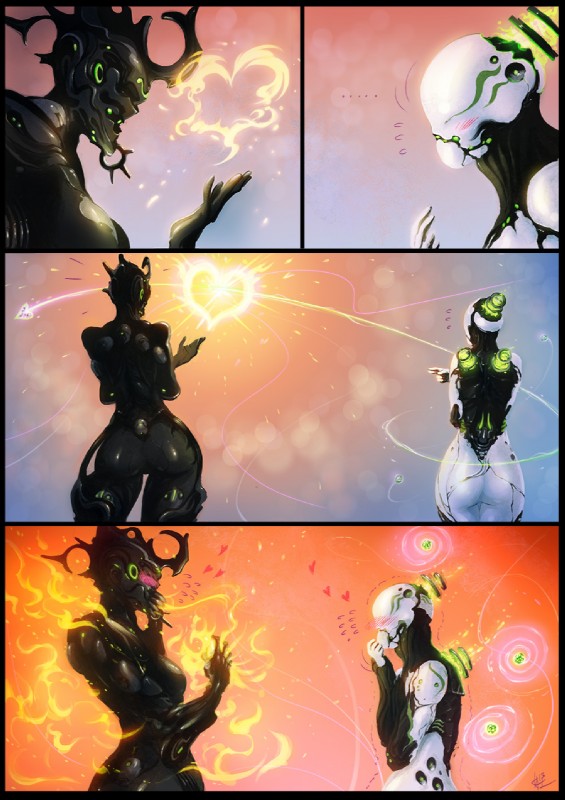 big_butt blush breasts butt duo ellipsis eyeless female fire heart_symbol awrrrq digital_extremes tencent warframe ember_(warframe) nova_(warframe) alien tenno comic hi_res