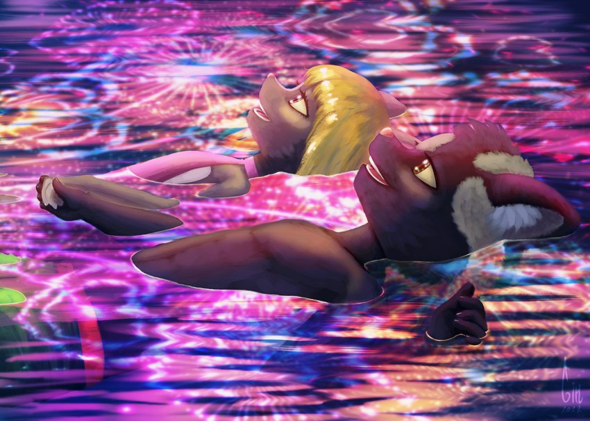 5_fingers anthro black_body black_fur blonde_hair brown_eyes chest_tuft clothing countershade_torso countershading duo feet female fingerless_(marking) fingers fireworks floating fur hair hand_holding inner_ear_fluff iridescent iridescent_water looking_up male multicolored_body multicolored_fur one-piece_swimsuit open_mouth outside purple_eyes reflection swimming swimming_trunks swimwear toeless_(marking) tuft two_tone_body two_tone_fur water waterscape white_body white_fur young young_anthro young_female young_male otorigin lemmy_(lemmy_niscuit) lolly_(butterscotchlollipop) mammal mephitid skunk spotted_skunk hi_res