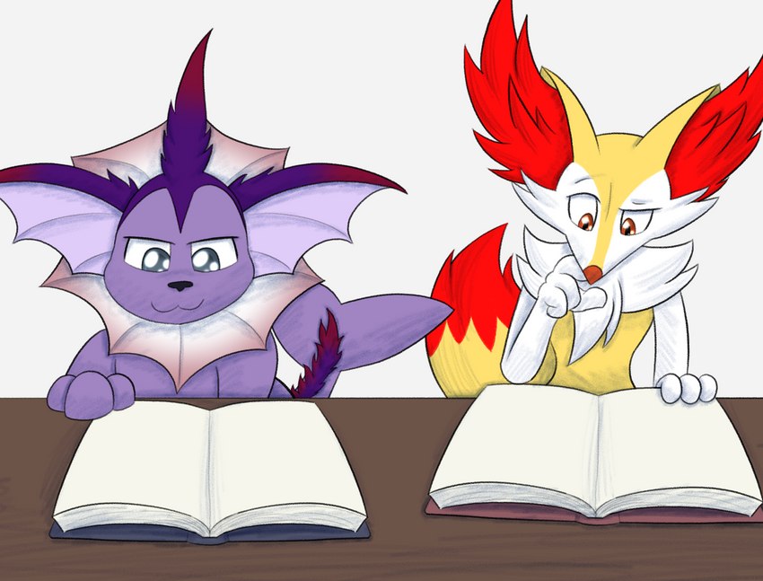 :3 book duo female furniture hmm male paws pondering profanity studying table text thinking thoughtful_expression scottderg nintendo pokemon castor_the_vaporeon fan_character padrok braixen generation_6_pokemon pokemon_(species) english_text hi_res