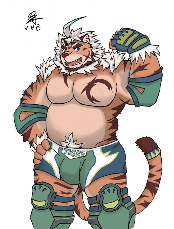 anthro biped bottomwear bulge clothing fur hair male markings musclegut muscular muscular_anthro muscular_male slightly_chubby solo striped_body striped_fur striped_markings striped_tail stripes tail tail_markings vhubnh3 lifewonders tokyo_afterschool_summoners hombre_tigre_(tas) felid mammal pantherine tiger 2019 hi_res signature