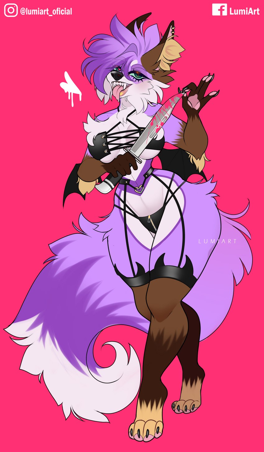 anthro bat_wings big_breasts big_tail blood bodily_fluids breasts buck120 claws clothing ear_piercing ear_ring fangs fangs_bared female fur green_eyes knife knife_play lingerie lips membrane_(anatomy) membranous_wings paws piercing pink_tongue purple_body purple_fur ring_piercing small_waist solo succubus_costume tail teeth thick_bottom_lip thick_thighs tongue walking wide_hips wings lumiart cassiuskitsune demon absurd_res hi_res