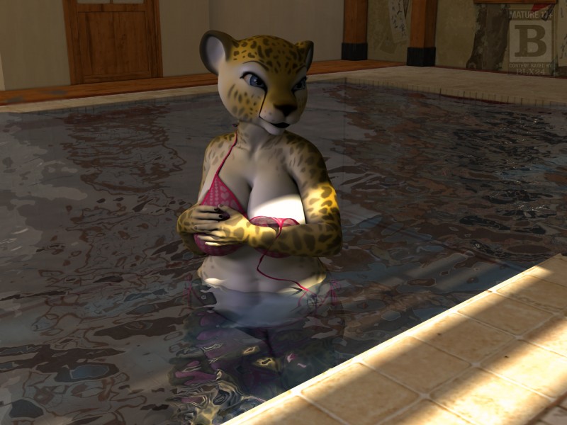 anthro big_breasts bikini black_lips black_nose blue_eyes breasts cleavage clothed clothing female fur inside lips navel solo spots swimming_pool swimwear two-piece_swimsuit water white_body white_fur wide_hips yellow_body yellow_fur blx24 felid leopard mammal pantherine 2017 3d_(artwork) 4:3 digital_media_(artwork) hi_res