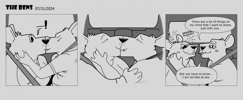 anthro car clothing dialogue duo exclamation_point hug inside_car inside_vehicle kissing male overweight overweight_male shirt surprised text topwear vehicle barnem mammal murid murine rat rodent 2024 english_text hi_res monochrome