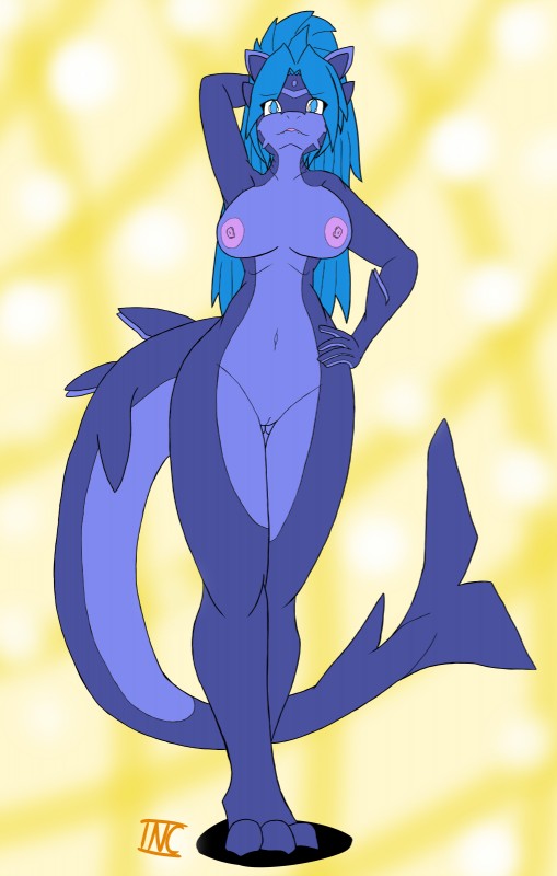 anthro big_breasts blue_body blue_eyes blue_hair blue_skin bodily_fluids breasts drooling female fin genitals hair nipples non-mammal_breasts non-mammal_nipples nude pussy saliva solo tail inctastic mythology myrl dragon fish hybrid marine mythological_creature mythological_scalie scalie shark hi_res