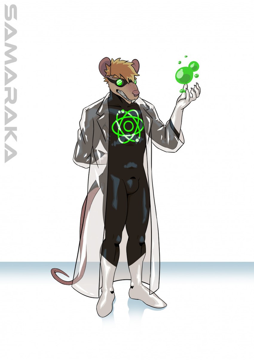 anthro atom claws clothing coat eyewear goggles hero lab_coat latex male solo suit teeth_showing thin_tail topwear samaraka gus mammal murid murine rat rodent hi_res