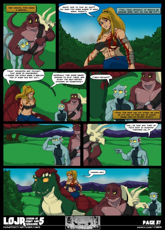 anthro big_breasts blonde_hair blood bodily_fluids breasts dialogue female hair headlock male outside riding speech_bubble text yawg legend_of_jenny_and_renamon metroid nintendo star_fox bob_(yawg) galdon samus_aran dinosaur human mammal prehistoric_species reptile scalie sharpclaw_(star_fox) 2019 comic crossover english_text hi_res url