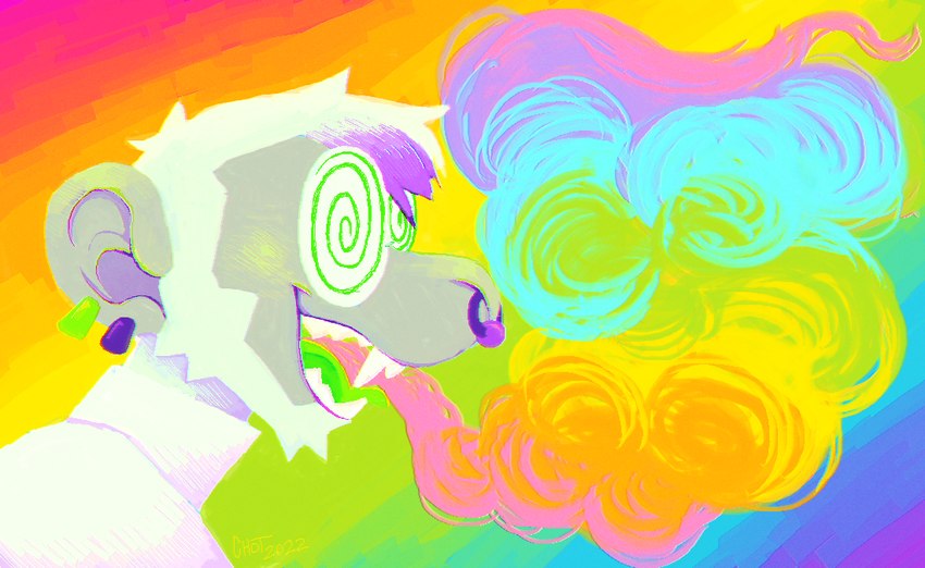 anthro beard clothed clothed_anthro clothed_male clothing coat ear_piercing ear_ring eyewear facial_hair facial_piercing fangs glasses green_ear_ring grey_body grey_skin hair highlights_(coloring) lab_coat male male_anthro multicolored_hair nose_piercing nose_ring open_mouth open_smile piercing purple_ear_ring purple_highlights rainbow_background ring_piercing side_view simple_background smile smoke smoke_from_mouth solo spiral_glasses teeth topwear two_tone_hair white_beard white_facial_hair white_hait white_lab_coat chotpot tox_(chotpot) haplorhine mammal monkey primate 2022 bust_portrait colored digital_drawing_(artwork) digital_media_(artwork) english_description lineless microsoft_paint_(artwork) portrait shaded