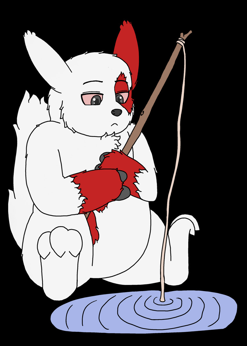 black_eyes branch claws feral fishing_rod fluffy fur male markings red_body red_fur red_markings red_sclera sitting solo tail water white_body white_fur zangtober_2020 darknetic nintendo pokemon generation_3_pokemon pokemon_(species) zangoose absurd_res alpha_channel digital_media_(artwork) flat_colors hi_res