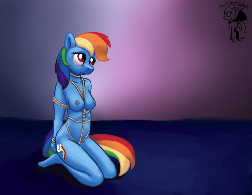 abstract_background anthro areola arms_tied bdsm blue_areola blue_nipples bondage bound breasts cutie_mark female hands_behind_back kneeling looking_up nipples nude restraints rope rope_bondage rope_harness solo wings warskunk_(artist) friendship_is_magic hasbro my_little_pony mythology rainbow_dash_(mlp) equid equine mammal mythological_creature mythological_equine pegasus