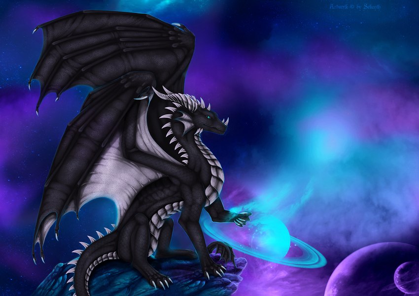 ambiguous_gender black_body cloud fantasy feral glowing membrane_(anatomy) membranous_wings moon planet sitting solo space star tail wings selianth mythology loganth dragon mythological_creature mythological_scalie scalie hi_res